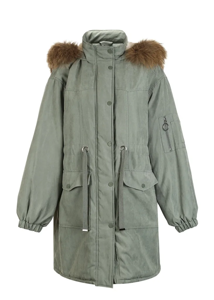 ONLY Women's Raccoon Fur Collar Cinched Waist Long Cotton Coat |118122501