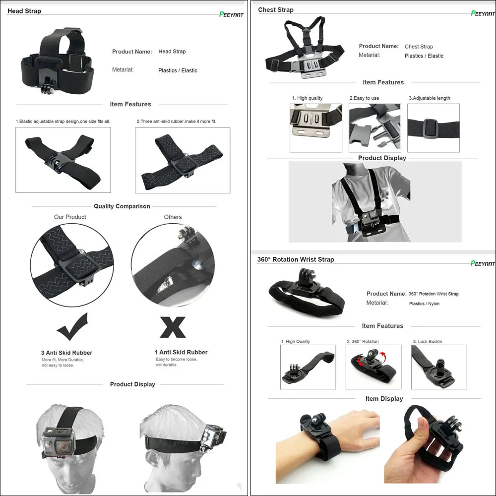 Комплект аксессуаров Peeynnt для Gopro hero 9 8 7 6 5 4 комплект с ремешком и штативом Yi 4K DBPOWER
