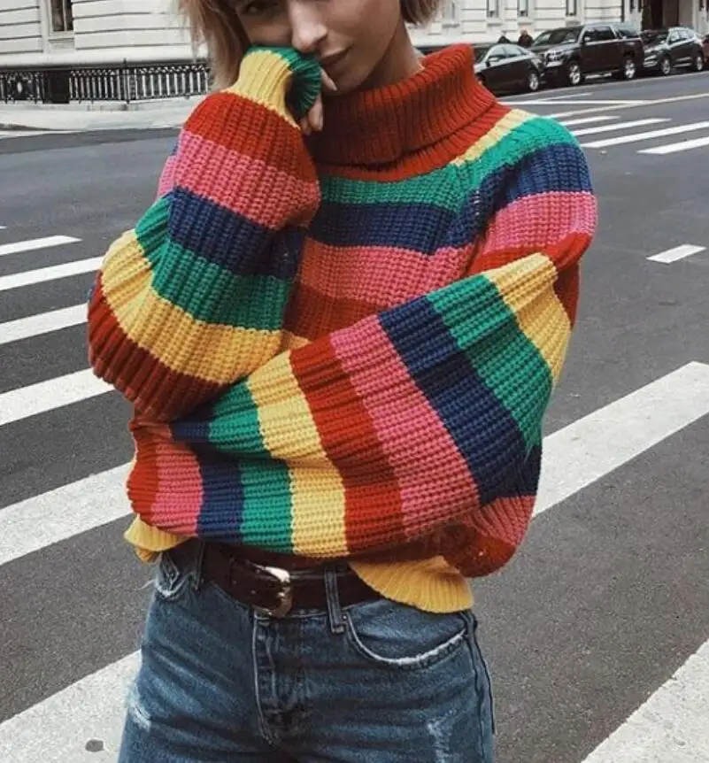 Фото 2019 new women's sweaters color striped knit coats pullover loose large size sweater lantrn sleeve youth casual autumn winter Женская 2019 new women's sweaters color striped knit coats pullover loose large size sweater lantrn sleeve youth casual autumn winter Женская
