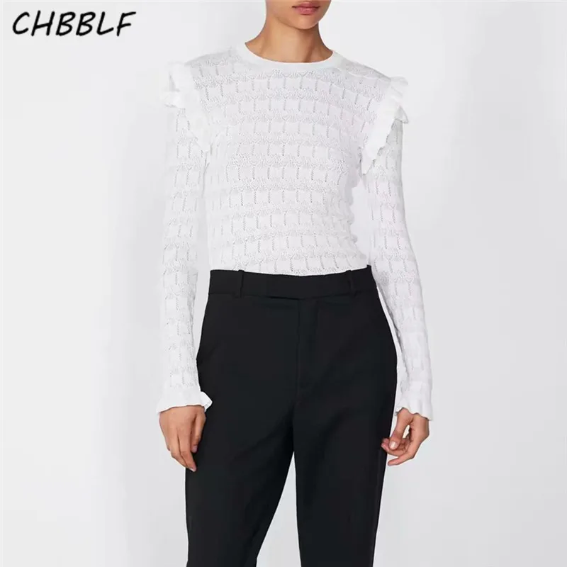 Фото CHBBLF женский базовый черный белый вязаный свитер короткий стиль оборки