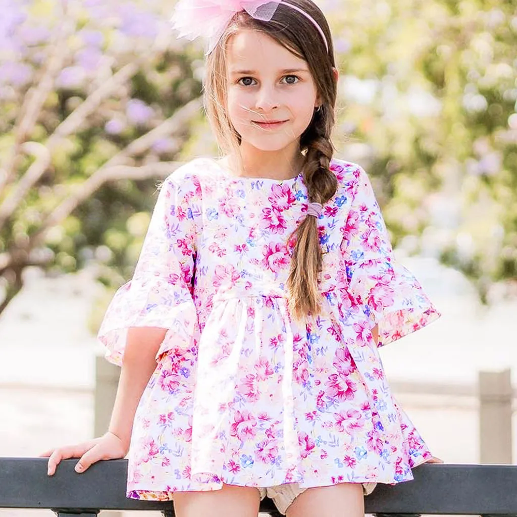 2019 г. летнее платье для девочек Летняя с цветочным принтом Одежда маленьких