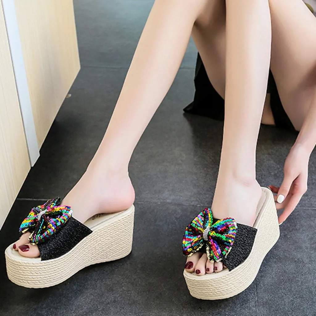 Женские сандалии летние блестящие шлепанцы с бантиком Босоножки открытым носком