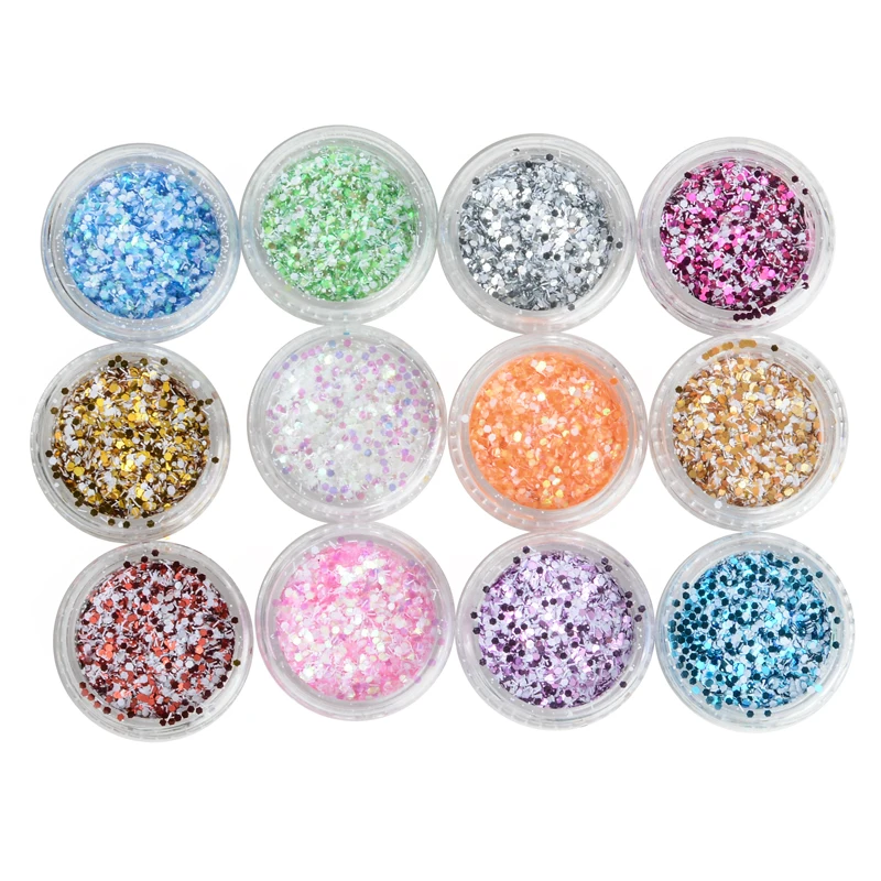 Хлопья для ногтей 12 смешанных цветов снежинки блестящие формы 3D украшения