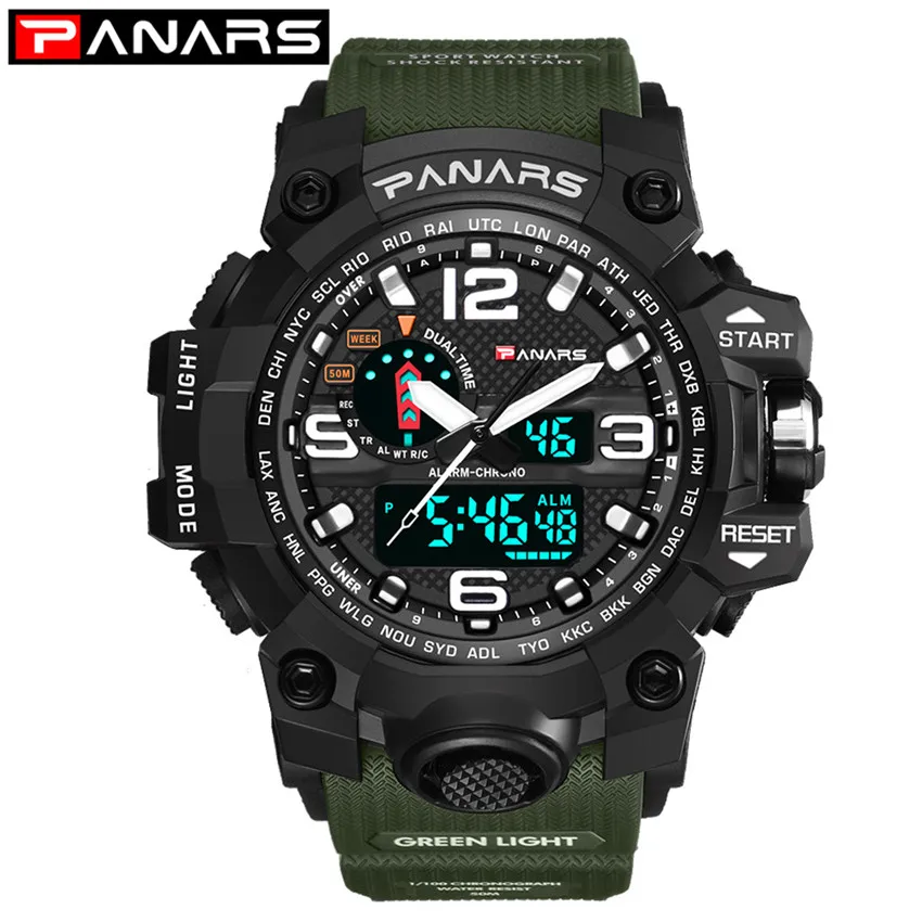 Green PANARS G стильные ударные часы для мужчин, военные армейские мужские часы, светодиодные цифровые спортивные наручные часы, мужские подарочные автоматические часы для мужчин - Цвет: Green