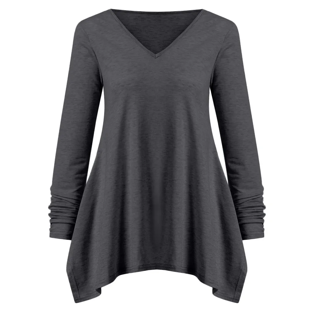 Women Casual Solid Long Sleeve Handkerchief Tunic V-neck Top Shirt long sleeve shirt women |