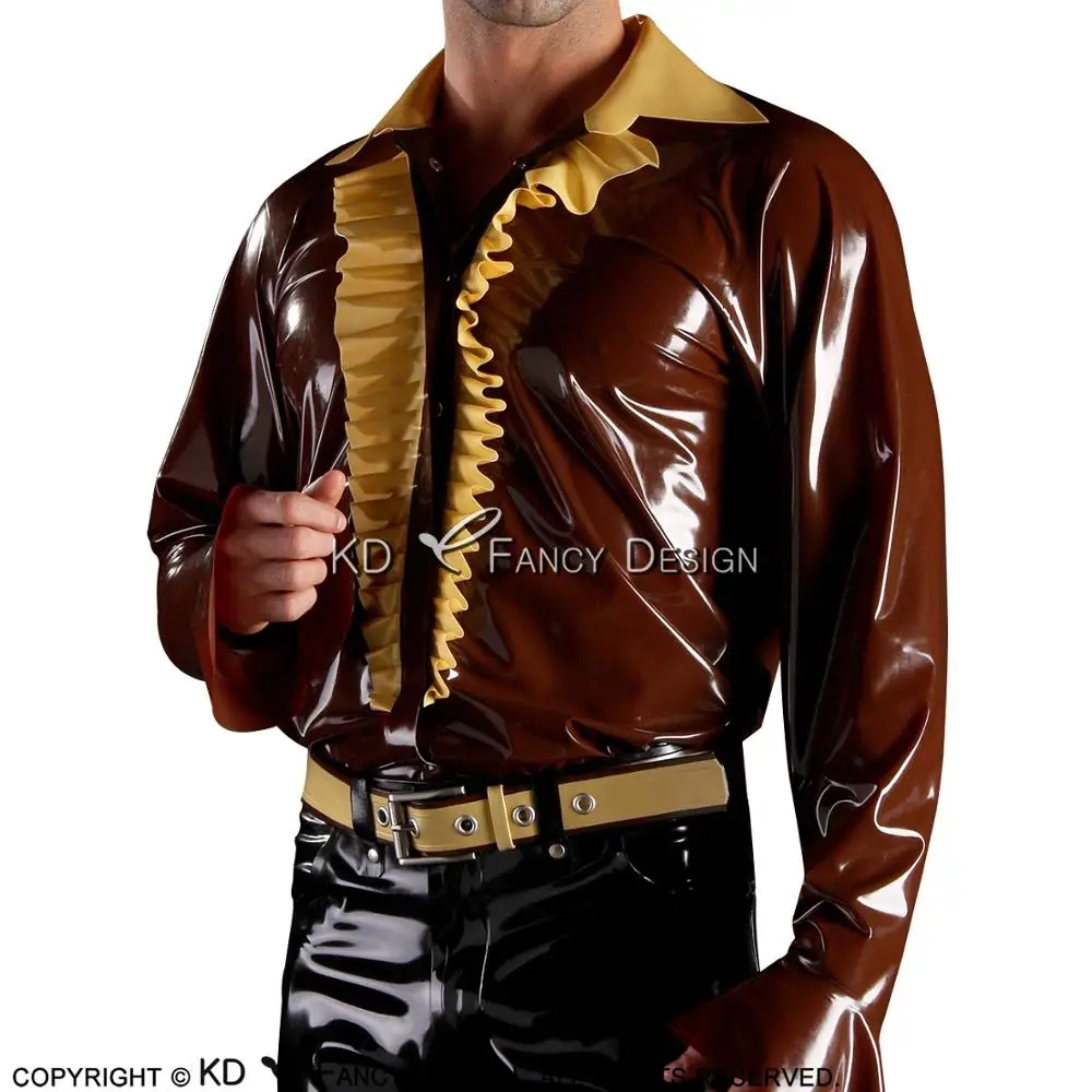 

Brown And Golden Frills Sexy Latex Shirt With Trumpet Sleeves Buttons At Front Rubber Blouse Clothes Clothing YF-0140