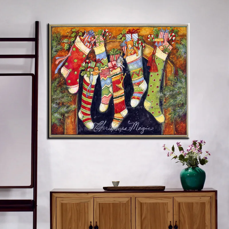 Ручная роспись абстрактные рождественские носки подарок картина на канвасе