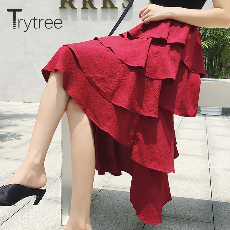 Trytree Летняя асимметричная Длина Женская юбка каскадные оборки эластичная талия