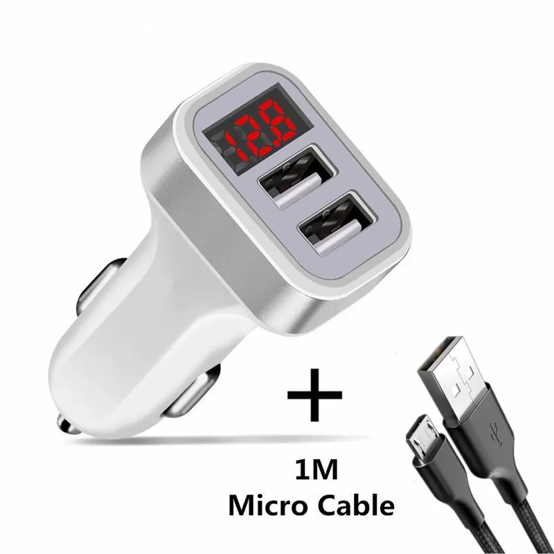 Silver Micro Cable Двойной 2 USB Автомобильное зарядное устройство светодиодный 5 В/2.1A цифровой дисплей для iphone Xiaomi samsung Быстрая Зарядка адаптер USB кабель зарядное устройство для мобильного телефона s - Тип штекера: Silver Micro Cable