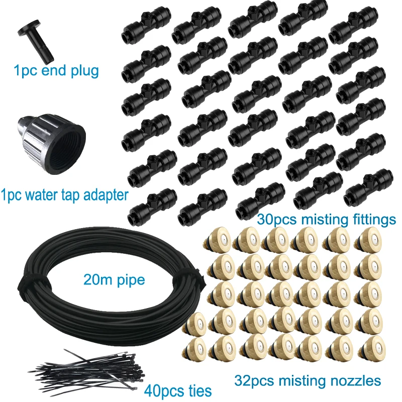 20m Hose Garden Spray Cooling System Brass Nozzles Irrigation Watering Kits Greenhouse Flowers Plants Sprinkler Set