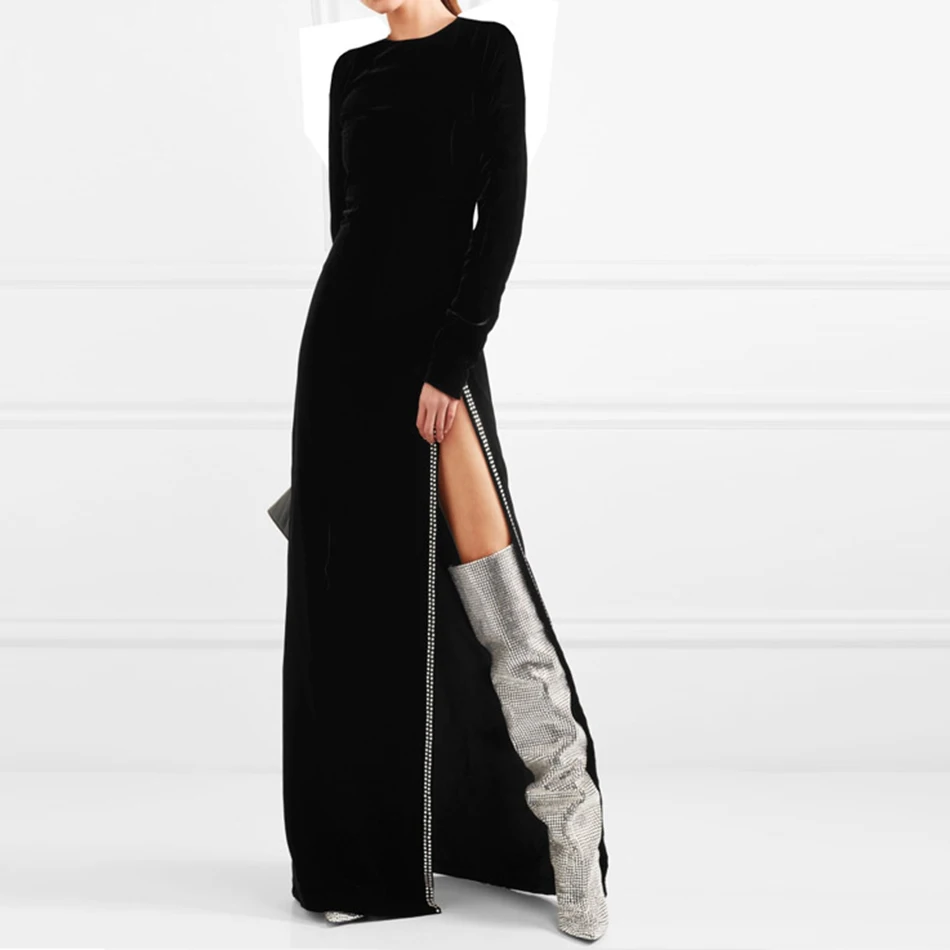 2018 Новое Женское Платье черное бархатное платье для торжеств с круглым вырезом и