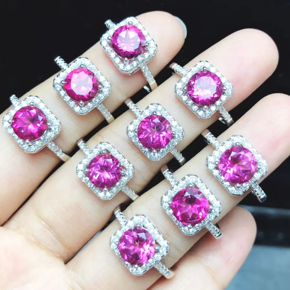

Fine Wedding Ring Real Natural Pink Topaz Round 7mm 925 Sterling Silver Ring Wedding Jewelry Women Rings Adjustable Rings Size