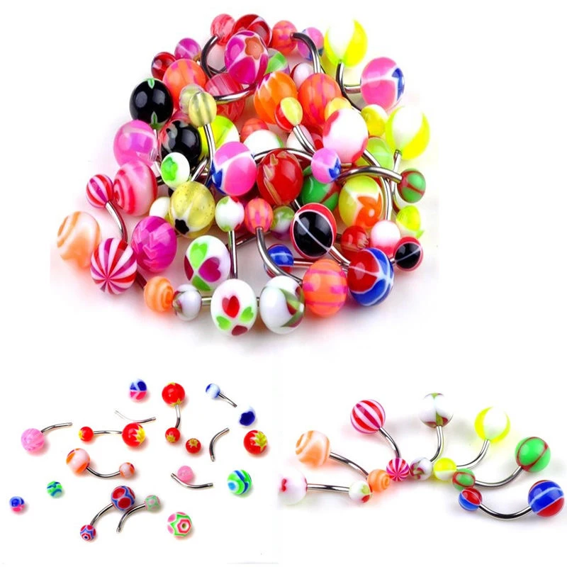 50/30Pcs New Colorful Acrylic Ball Medical Steel Belly Button Ring Dangle Navel Body Jewelry Piercings | Украшения и аксессуары