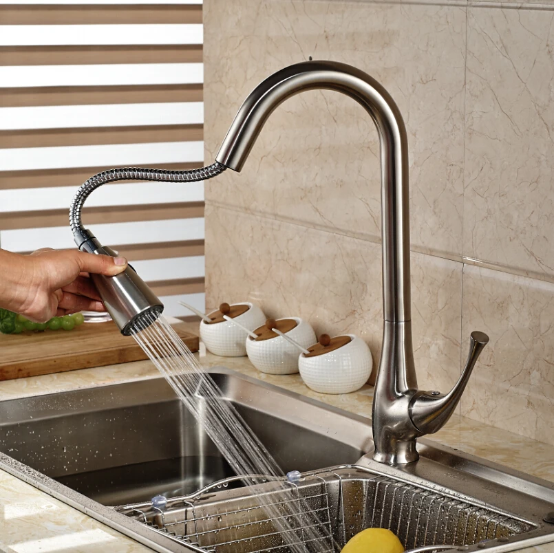 Матовый никель вытащить двойной сопла распылителя кухонная раковина кран одно