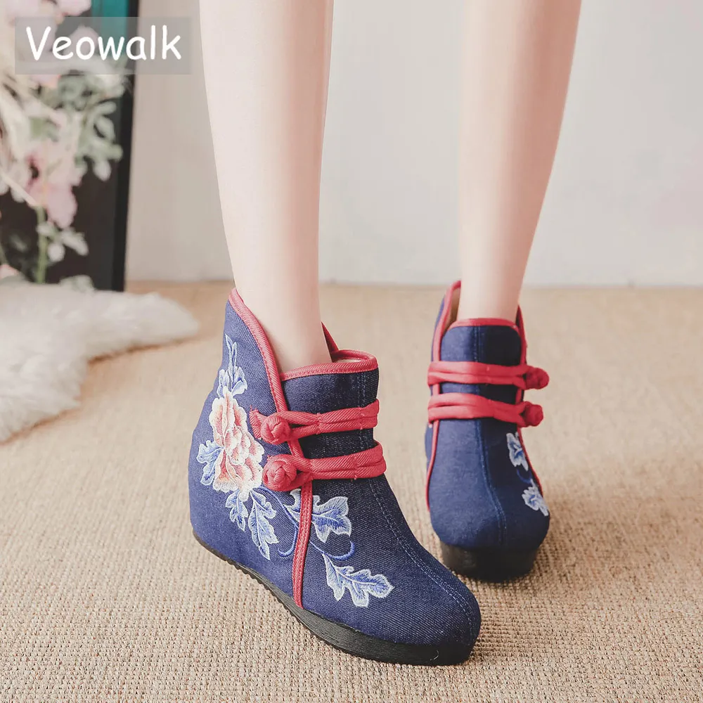 Veowalk/зимние женские джинсовые короткие ботильоны из хлопка с вышивкой