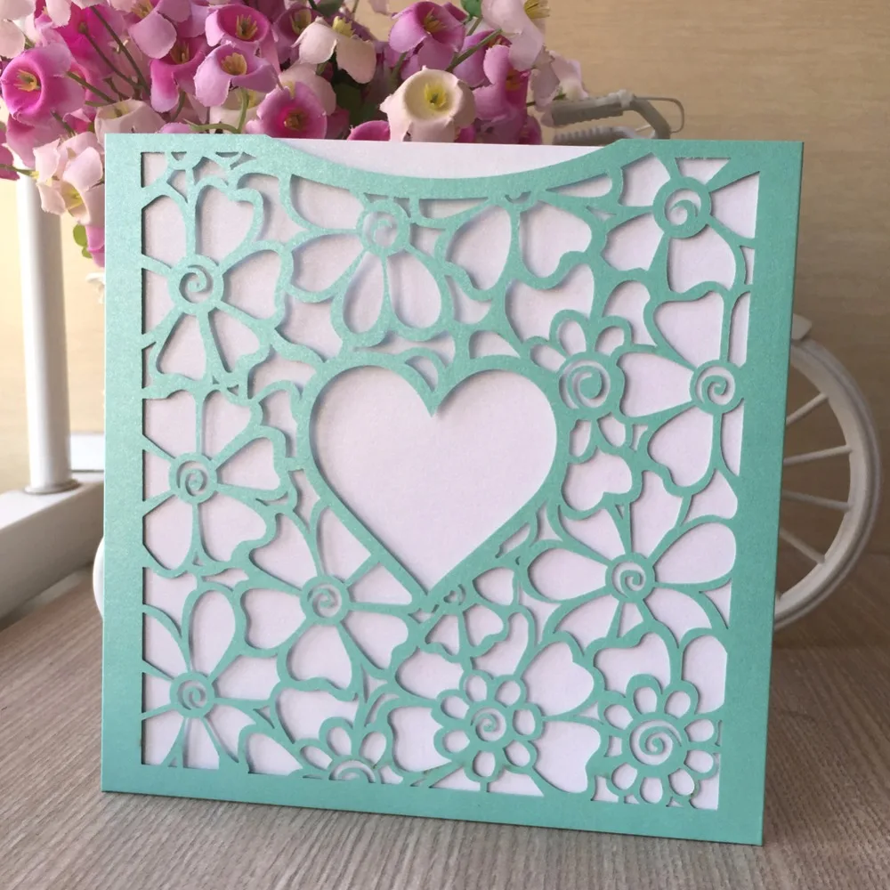 50pcs Heart Pattern card Tiffany blue color Happy Wedding Party Birthday decoration Invitation Best wishes Blessing Paper | Дом и сад