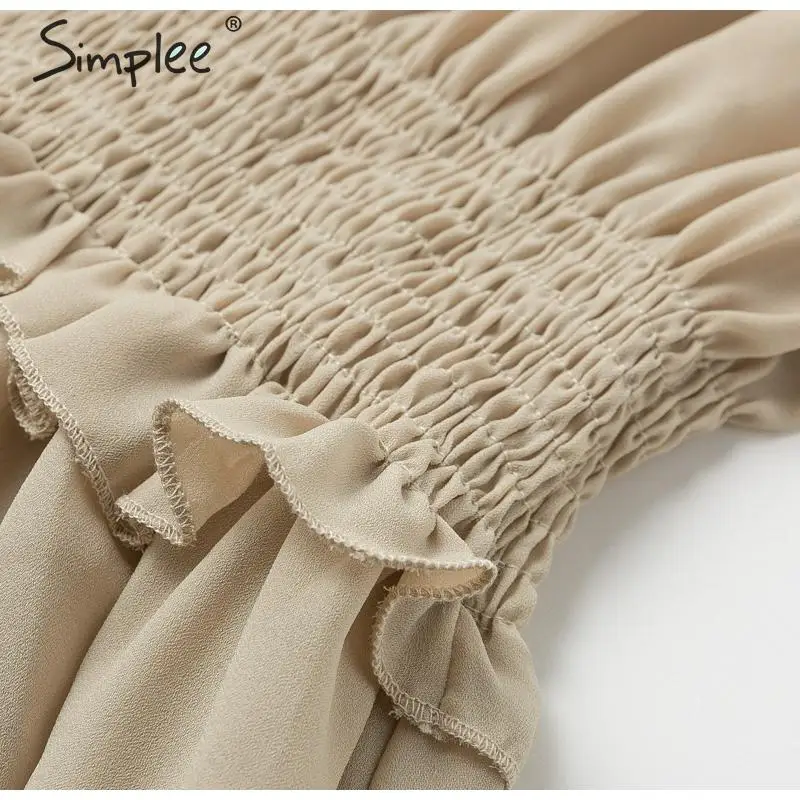 Simplee Lace up ruffled A-line women dress Elastic high waist short vintage dress Bohemian lantern sleeve female party dress