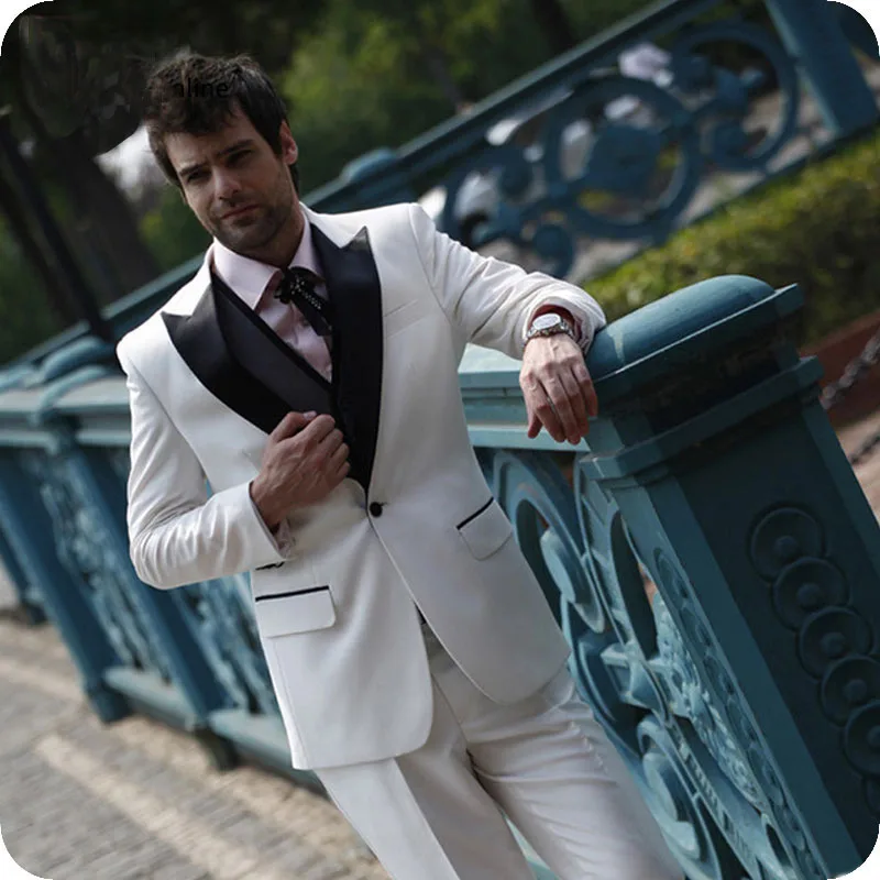 Белые мужские свадебные костюмы Черные смокинги с заостренным лацканом на одной