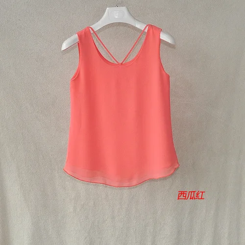 Watermelon red Fashion Brand Women Tanks Top Summer Sexy Shirt Camis Plus Size Sleeveless Blouse Double Layer Chiffon Blouses - Цвет: Watermelon red