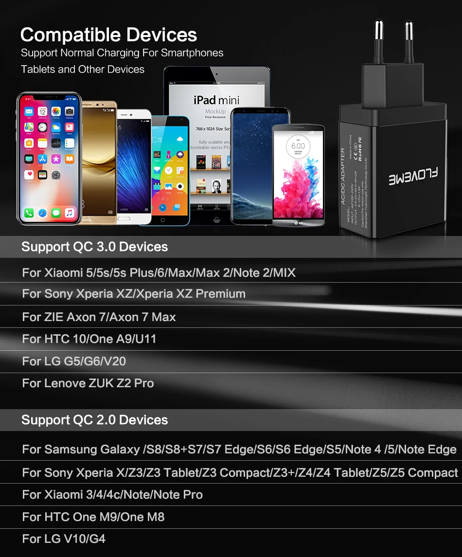 FLOVEME QC3.0 USB зарядное устройство для телефона samsung Xiaomi 5V 3A EU адаптер для путешествий настенное Универсальное зарядное устройство для мобильного телефона 18W быстрая зарядка