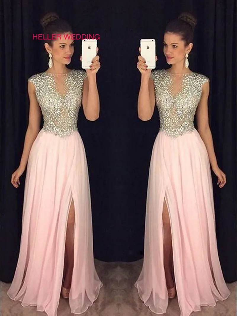 Великолепное розовое платье для выпускного вечера с круглым вырезом Прозрачное