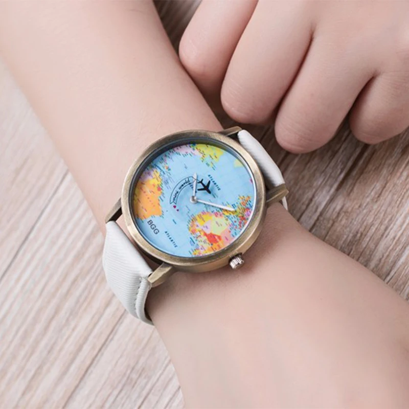 2016 Повседневная мода карта самолет джинсовая ткань ремешок кварцевые наручные