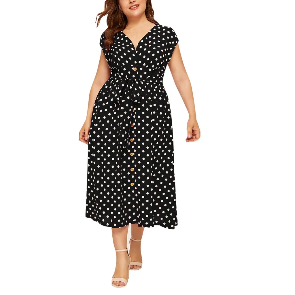 BK MISSOMO 5XL, женское платье, повседневное, размера плюс, длинное, макси, платье в горошек, с принтом, на пуговицах, с поясом, летнее платье, женская одежда 621 - Цвет: BK