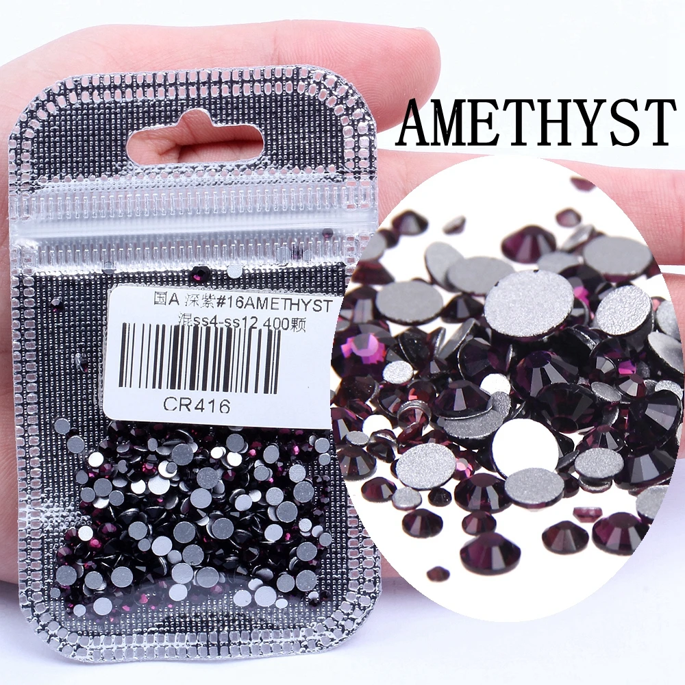 16 AMETHYST 400 шт, 60 цветов, разные размеры, ss4-ss12, для дизайна ногтей, не горячей фиксации, хрустальные стразы, сделай сам, плоские с оборота, 3D стеклянные украшения для ногтей, стразы - Цвет: 16 AMETHYST