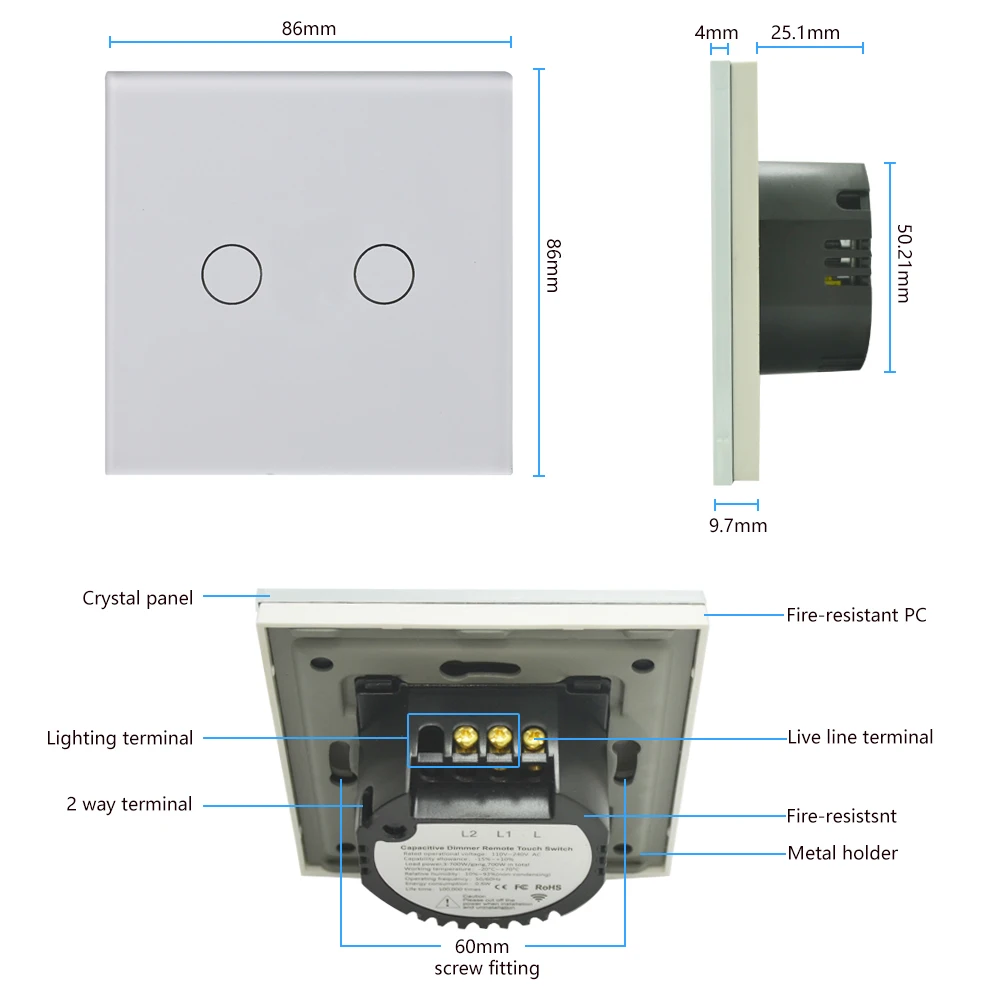 2 банды 2way Белый Кристалл Закаленное стекло панель сенсорный выключатель сенсор