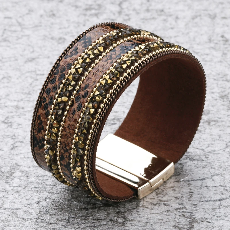 ALLYES Кожаные браслеты для Для женщин Магнитная застежка ретро браслет Boho Стиль кристалл широкий Браслет-манжета женских украшений