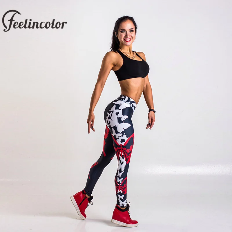 Feelincolor красная бабочка леггинсы Для женщин сердце Форма 3D Печатный тренировки
