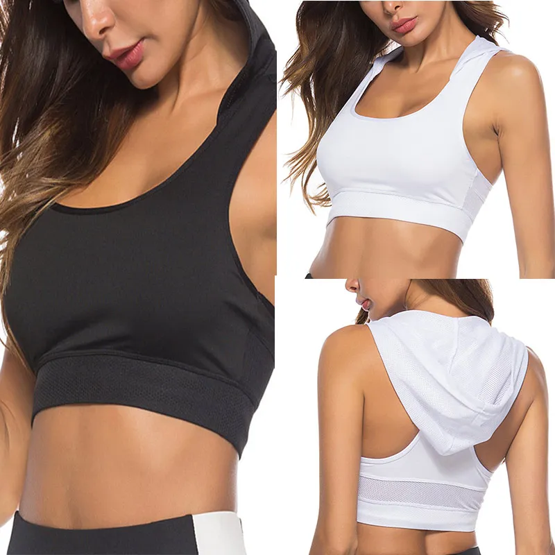 

Hooded Sports Bras Women Cozy Padded Crop Top Female Gym Sport Solid Tank Tops Breathable Push Up Fitness Running Sport Top Bras