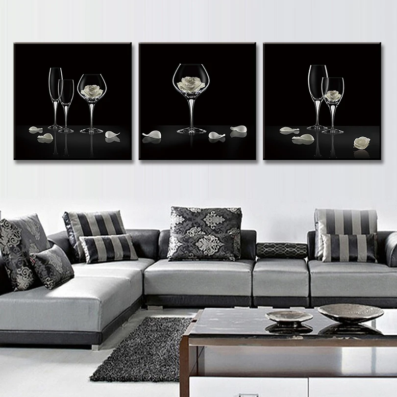 3 Pieces Still Life Transparent glasses Canvas Painting Simple Black Flower in Goblets Printed with Framed Bar Decor | Дом и сад