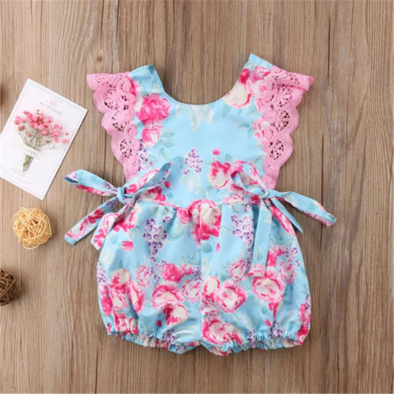 Girls Lace Newborn Baby Floral Bodysuit Summer Sleeveless Girl Clothing Bow Round Neck Backless Jumpsuit Sunsuit Outfits Pretty | Детская