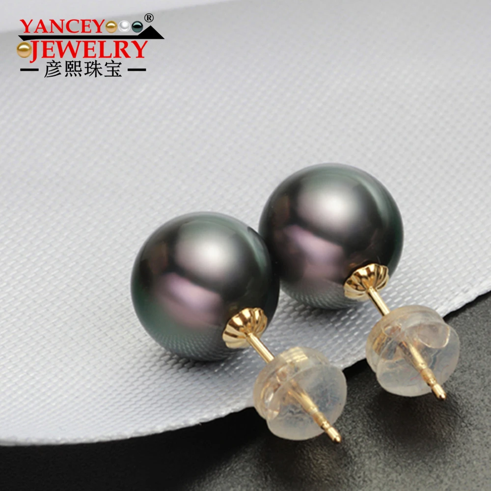 YANCEY JEWELRY Natural Tahitian Round 10-11MM Black Pearl Stud Earrings 18K Gold Seawater | Украшения и аксессуары