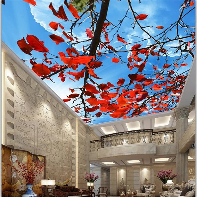 wellyu Custom large wallpaper 3d beautiful blue sky red leaves ceiling zenith fresco living room papel de parede | Обустройство дома