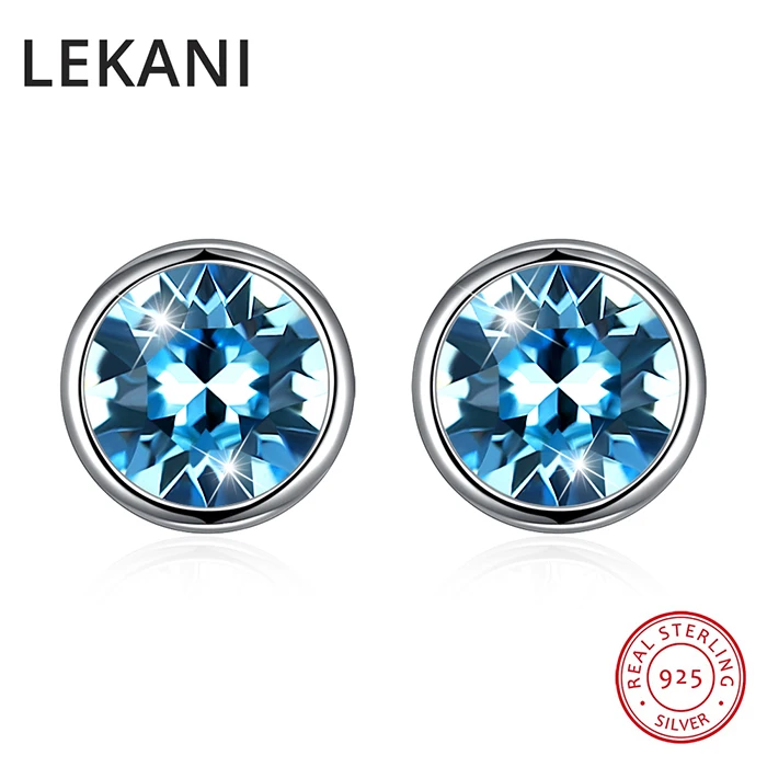 Простые круглые серьги-гвоздики LEKANI с кристаллами Swarovski, Серебро S925 пробы для женщин, девушек, мужчин, унисекс, для пирсинга, аксессуары на каждый день, подарок - Цвет камня: Aquamarine
