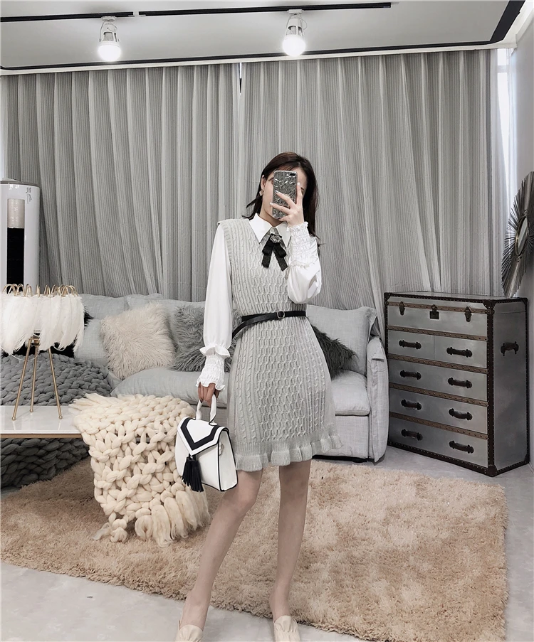 ALPHALMODA, весеннее женское изящное вязаное платье+ рубашка с длинными рукавами, костюмы из 2 предметов, с бантом, с ромбовидной сеткой, с поясом, комплекты платьев на бретелях