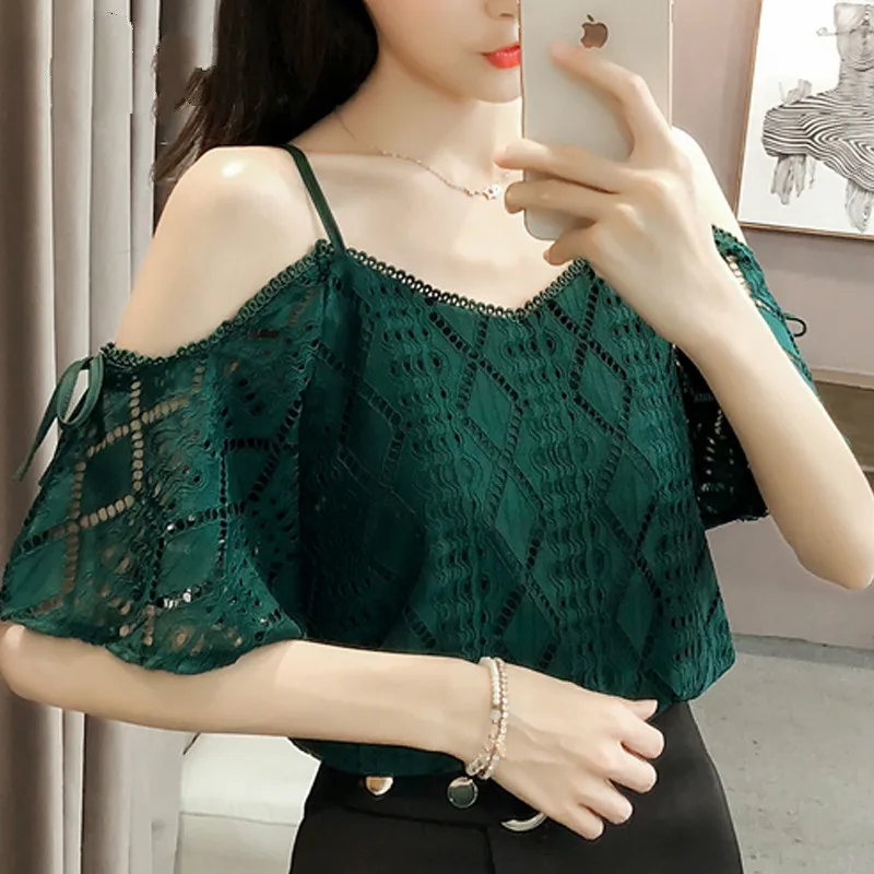 

new Fashion sexy slash neck lace blouse women shirt hollow lace women blouse shirt short sleeve summer women tops