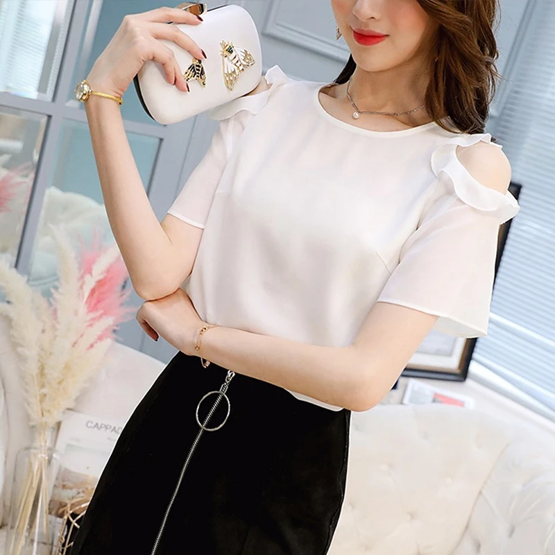 Женские блузки с открытыми плечами белые повседневные свободные шифоновые