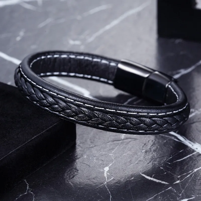 new Men Jewelry Punk Black Braided Geunine real Leather Bracelet Stainless Steel Magnetic Buckle Fashion Bangles | Украшения и