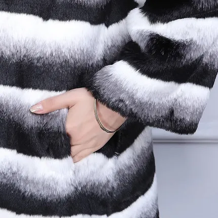 

Women Stripe Stand collar Plus Size Fur Coat N75