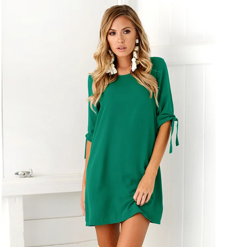 2019 весеннее популярное женское платье с круглым вырезом и рукавами свободное