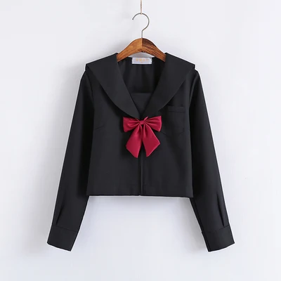 top Women Spring JK High School Uniforms Students Girls Black Sailor Suits Harajuku Preppy Style Long Sleeve Top Short Pleated Skirt - Цвет: top