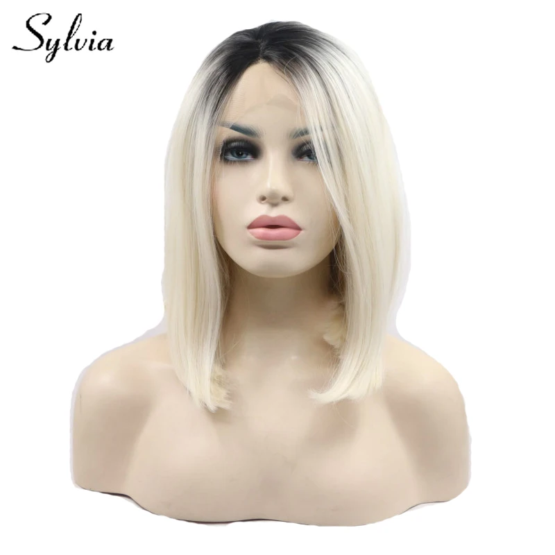 

Sylvia Light Blonde Ombre Short Straight Synthetic Lace Front Wigs Dark Roots Natural Bob Hairstyle Heat Resistant Fiber