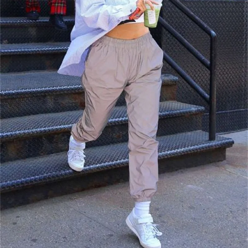 

high waist loose flash reflective jogger pants autumn winter women casual gray solid trousers fashion club special harem pants