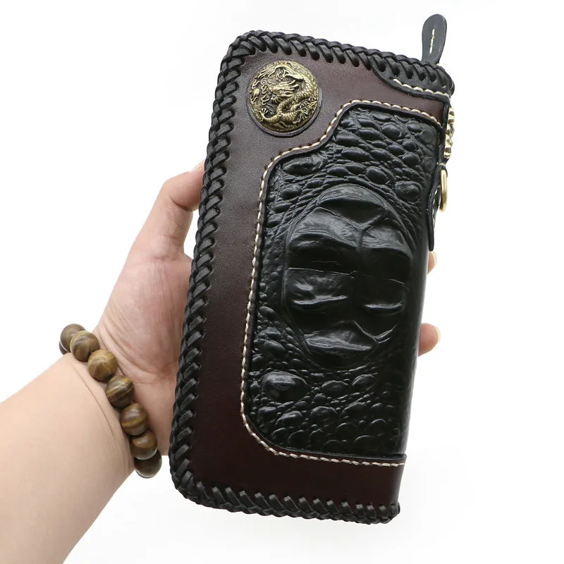 

Handmade Black Crocodile Pattern Wallets Bag Purses Men Long Clutch Vegetable Tanned Leather WalletBoy Boyfriend Gifts