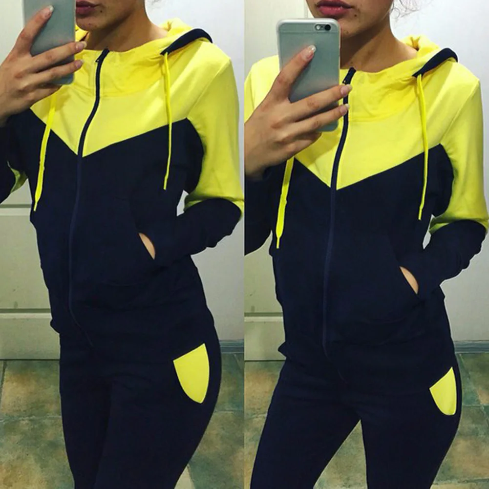 Осенний женский спортивный костюм 2 шт./компл. топ с капюшоном + брюки круглым