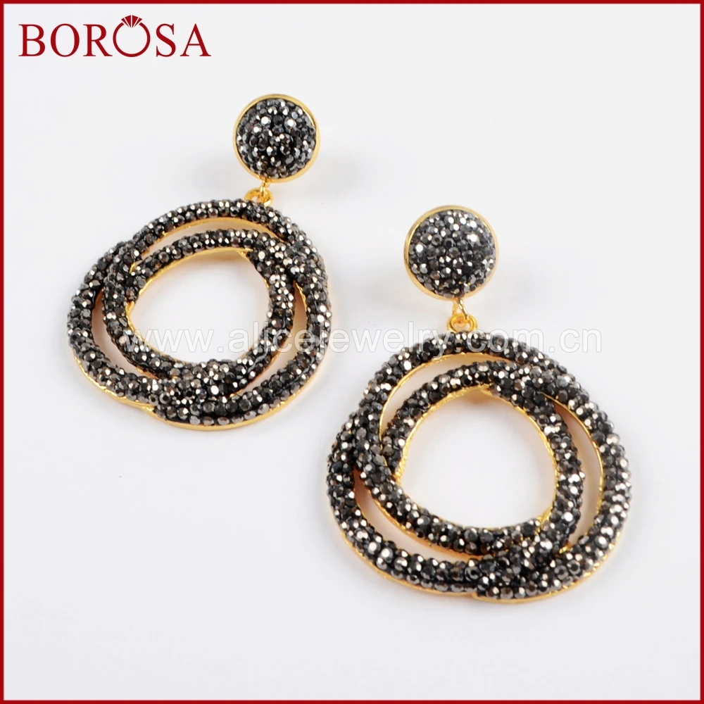 

BOROSA 5Pairs Fashion Gold Color Double Round Charms Metal Earrings Paved Golden/Black Zircons Drop Earrings Gems Jewelry JAB884