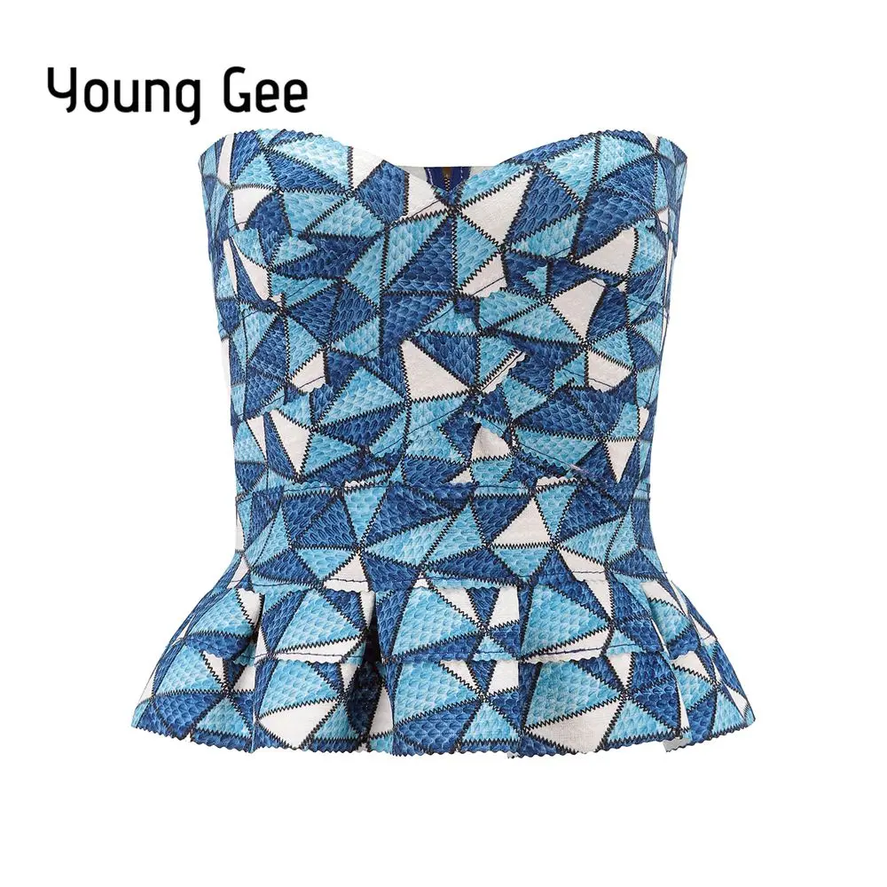 YoungGee, короткий Топ без бретелек с рюшами, Летняя короткая блуза с геометрическим принтом, тонкая кофточка, майка, женские укороченные топы, бюстье - Цвет: Синий